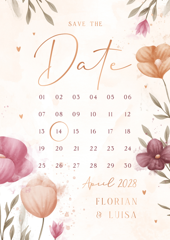 Hochzeitskarten - Kalenderkarte Save-the-Date elegante Blumen Aquarell