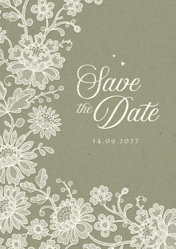 Hochzeitskarten - Karte Hochzeitstermin ankündigen romantisch Spitze olivgrün