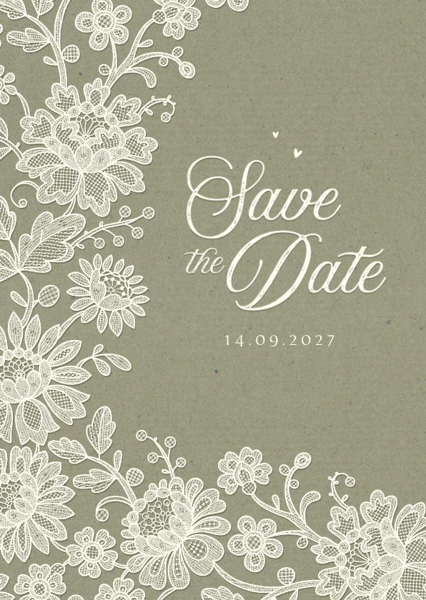 Hochzeitskarten - Karte Hochzeitstermin ankündigen romantisch Spitze olivgrün
