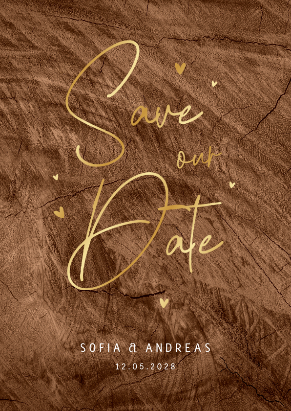 Hochzeitskarten - Karte 'Save our Date' Goldschrift auf Holz