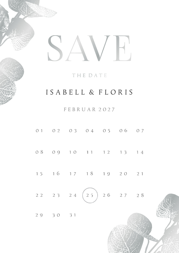 Hochzeitskarten - Karte Save-the-Date Eukalyptus Silber