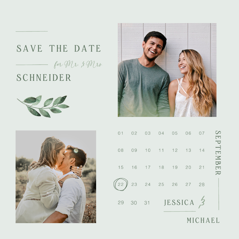 Hochzeitskarten - Karte 'Save the Date' Fotos, grüner Zweig & Kalender