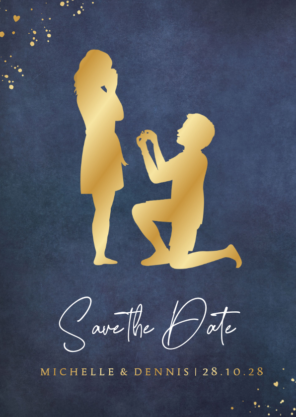 Hochzeitskarten - Karte 'Save the Date' Paar Heiratsantrag Scherenschnitt gold