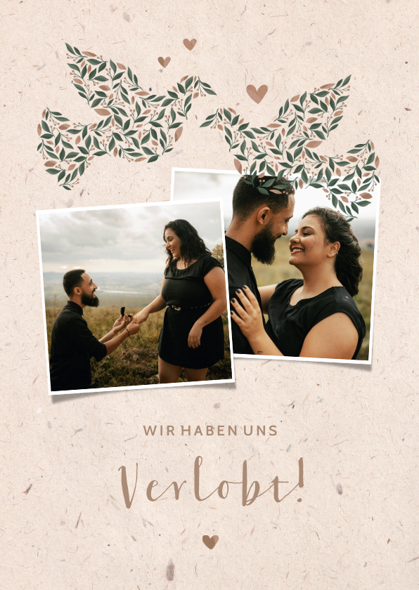 Hochzeitskarten - Karte zur Verlobung mit Fotos & Tauben natürlicher Look