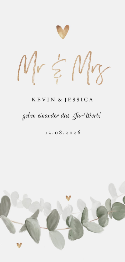 Hochzeitskarten - Längliche Einladungskarte Hochzeit Eukalyptusblatt 