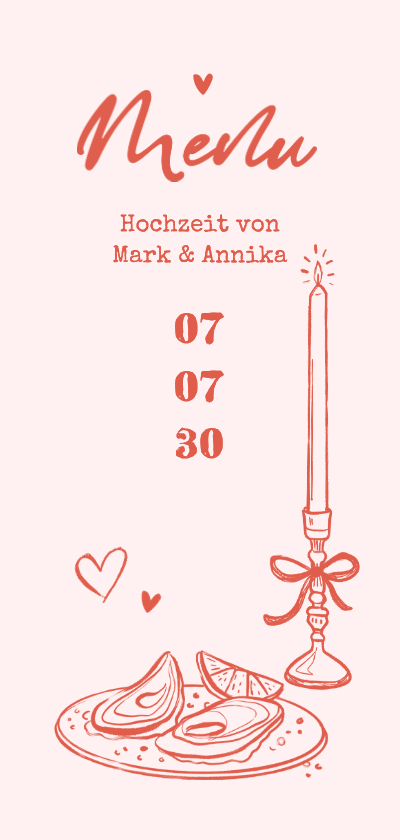 Menükarte Hochzeit Doodles Kerze und Austern rosa - Hochzeitskarten Hochzeitskarten - Menükarte Hochzeit Doodles Kerze und Austern rosa