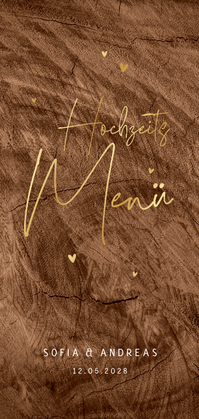 Hochzeitskarten - Menükarte Hochzeit Goldschrift auf Holz
