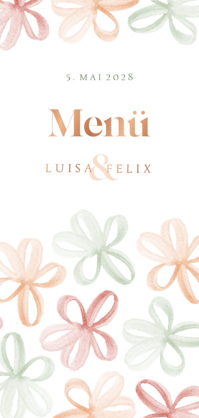 Hochzeitskarten - Menükarte Hochzeit mit Frühlingsblumen & Kupferdruck