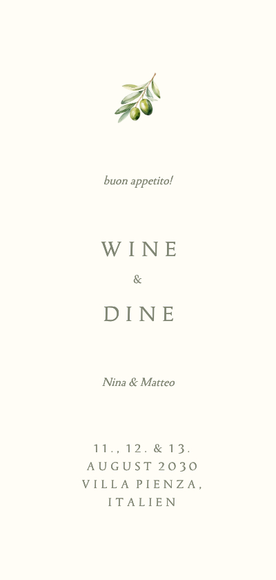 Menükarte Hochzeit Olivenzweig 'Wine & Dine' - Hochzeitskarten Hochzeitskarten - Menükarte Hochzeit Olivenzweig 'Wine & Dine'