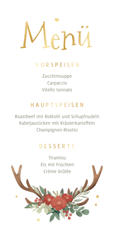 Hochzeitskarten - Menükarte Hochzeit Tracht, Blumen & Geweih