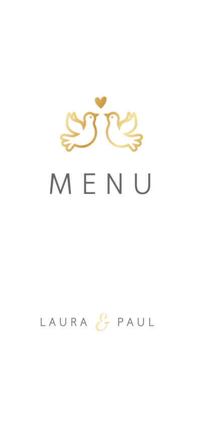 Hochzeitskarten - Menükarte Hochzeitsdinner mit Foto, goldenen Tauben und Herz