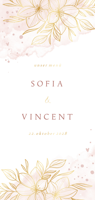 Hochzeitskarten - Menükarte Hochzeitsfeier Goldblumen auf Aquarell