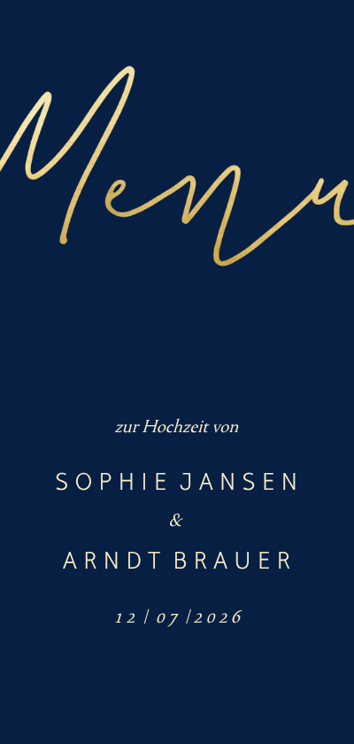 Hochzeitskarten - Menükarte Hochzeitsfeier Goldene Schrift