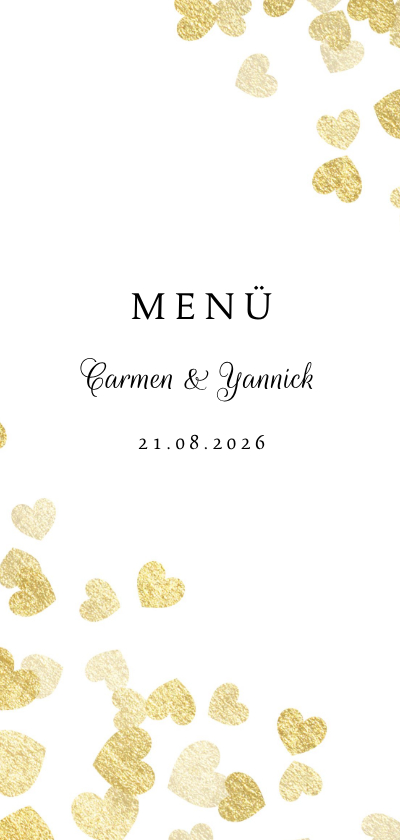 Hochzeitskarten - Menükarte zur Hochzeit Goldene Herzen