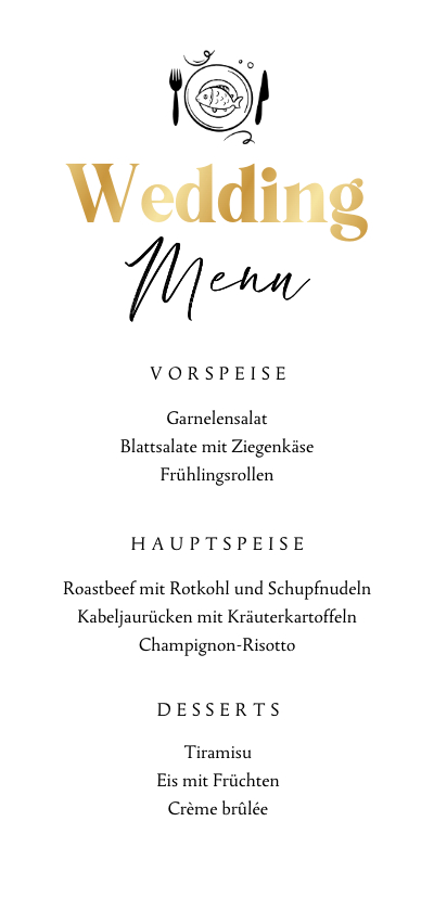 Hochzeitskarten - Menükarte zur Hochzeit Goldschrift