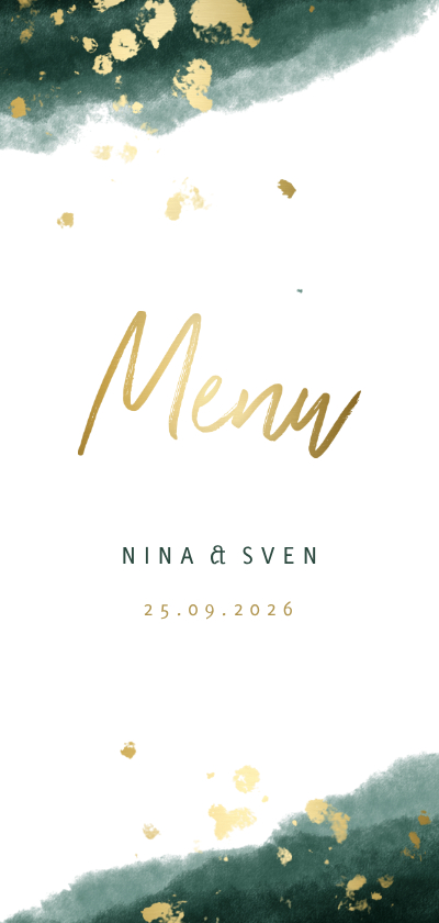 Menükarte zur Hochzeit grüne Wasserfarbe und Goldakzente - Hochzeitskarten Hochzeitskarten - Menükarte zur Hochzeit grüne Wasserfarbe und Goldakzente