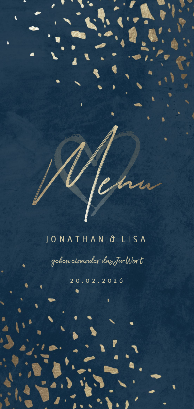 Hochzeitskarten - Menükarte zur Hochzeit in dunkelblau mit Goldschnipseln