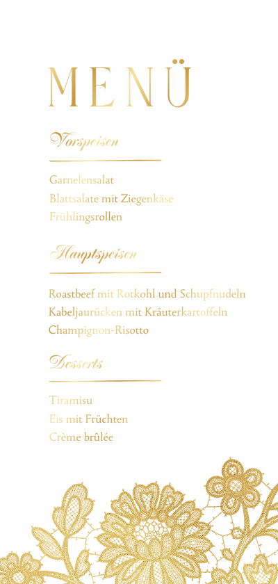 Hochzeitskarten - Menükarte zur Hochzeit Spitze & Goldakzente