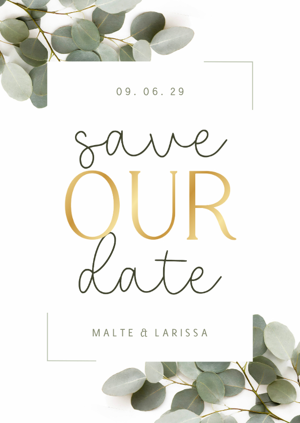 Hochzeitskarten - Save-Our-Date-Karte Eukalyptus & Goldschrift