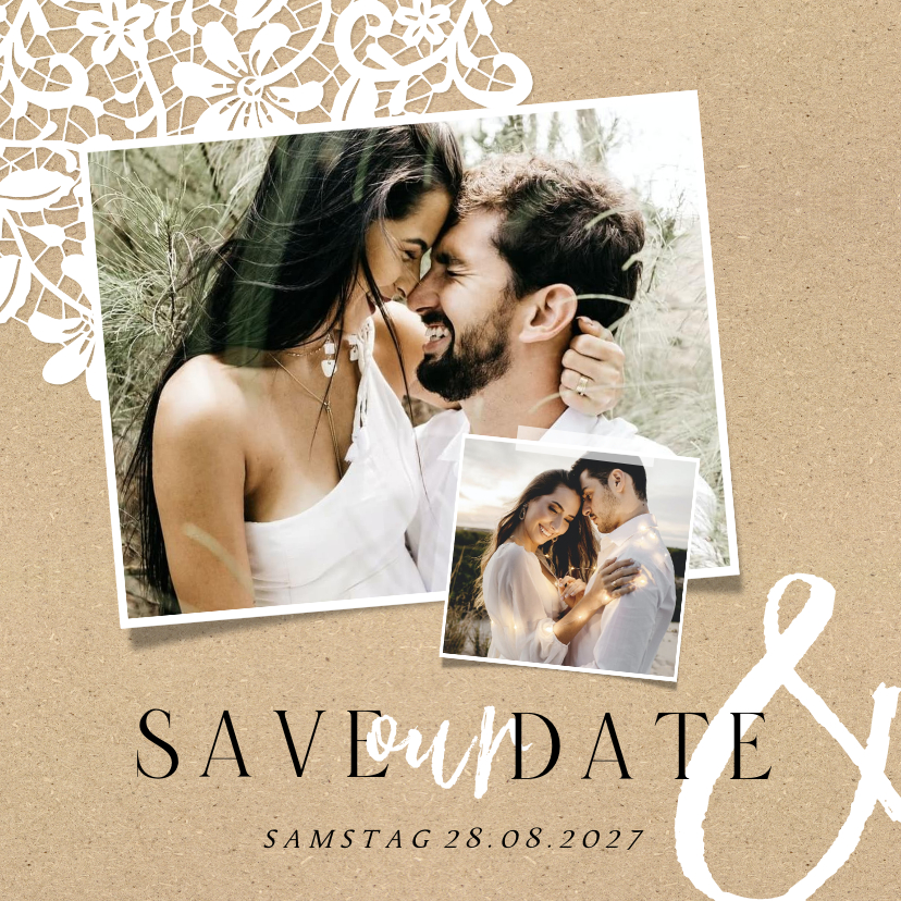 Hochzeitskarten - Save-our-Date-Karte Fotos Spitze romantisch Kraftpapierlook