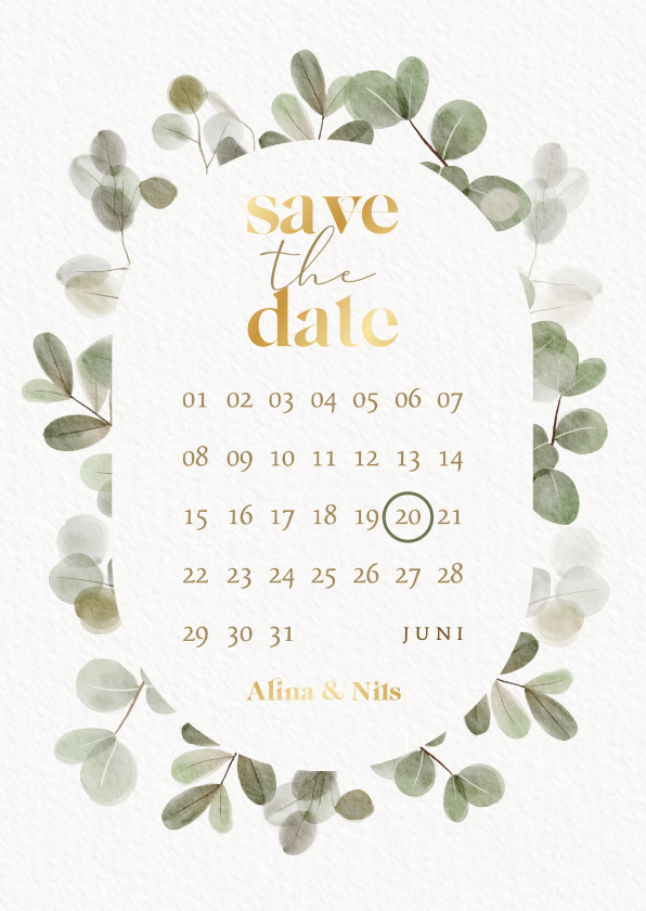 Hochzeitskarten - Save-the-Date-Hochzeitskarte Gold & Eukalyptuskranz