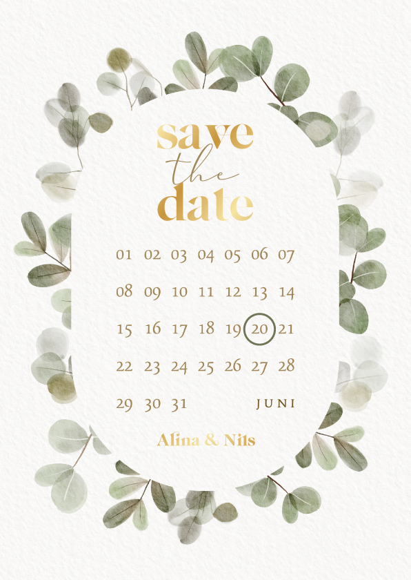 Hochzeitskarten - Save-the-Date-Hochzeitskarte Gold & Eukalyptuskranz