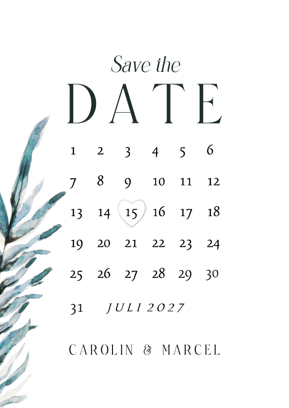 Hochzeitskarten - Save-the-Date-Karte Blatt Aquarell blaugrün mit Kalender 