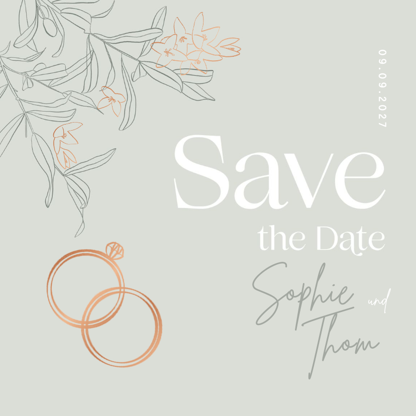 Hochzeitskarten - Save-the-Date-Karte Blüten & Ringe kupfer