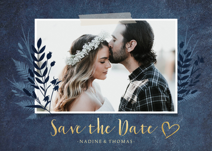 Save-the-Date-Karte dunkelblau Pflanzen und Foto Save-the-Date-Karte dunkelblau Pflanzen und Foto