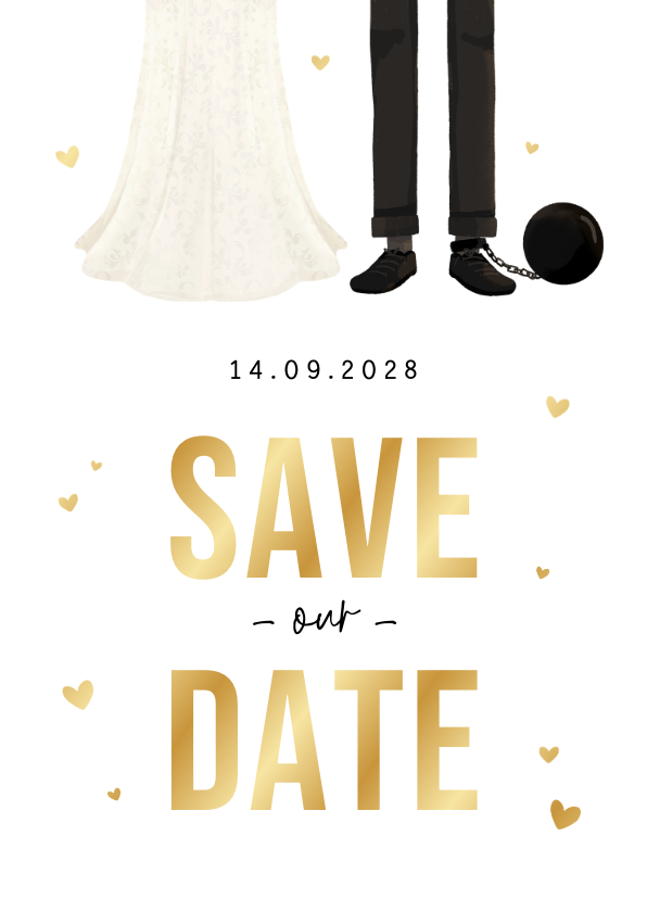 Hochzeitskarten - Save-the-Date-Karte Ehepaar Fußfessel Golddruck