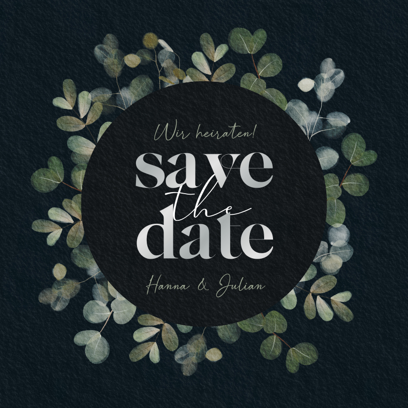 Hochzeitskarten - Save-the-Date-Karte Eukalyptus Schwarz & Silber