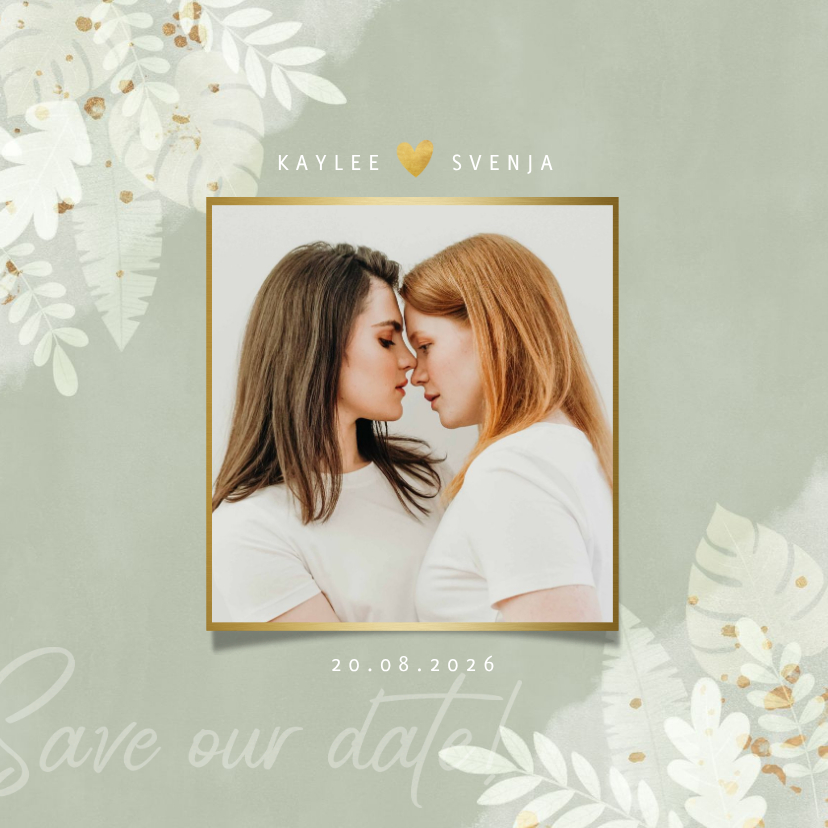 Hochzeitskarten - Save-the-Date-Karte grüne Wasserfarbe und Dschungelblätter