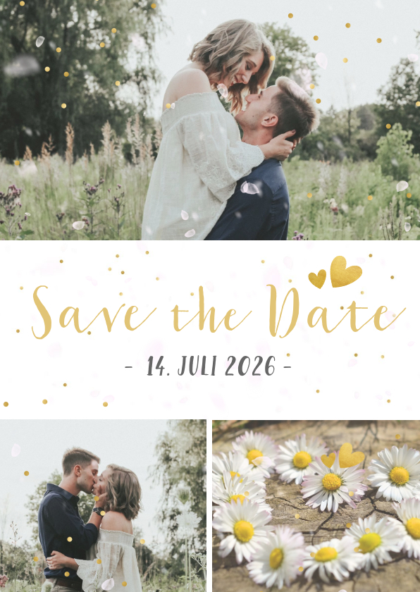 Hochzeitskarten - Save-the-Date-Karte Hochzeit drei Fotos und Konfetti