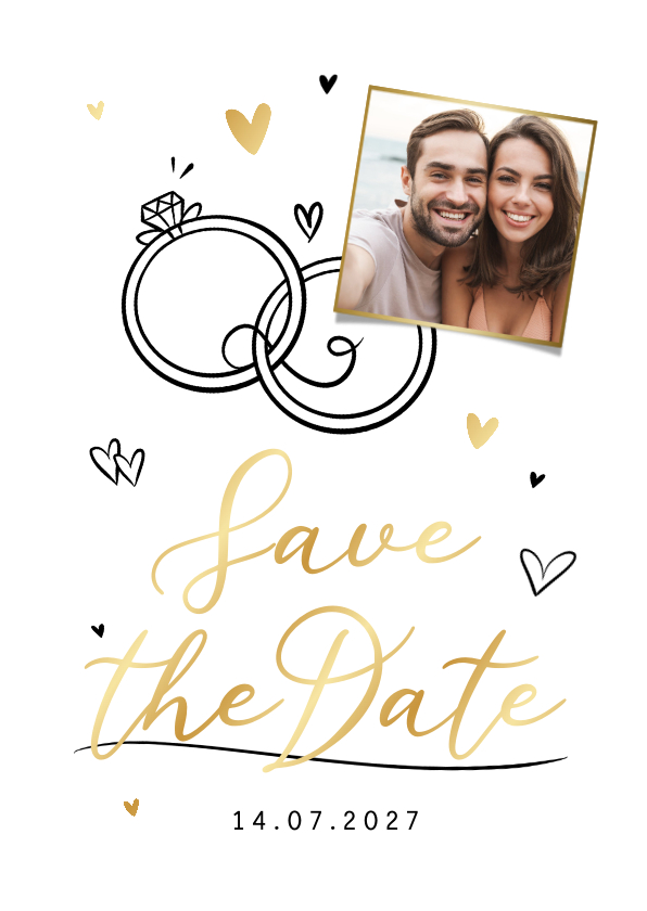 Hochzeitskarten - Save-the-Date-Karte Hochzeit Foto & Doodles Goldelemente