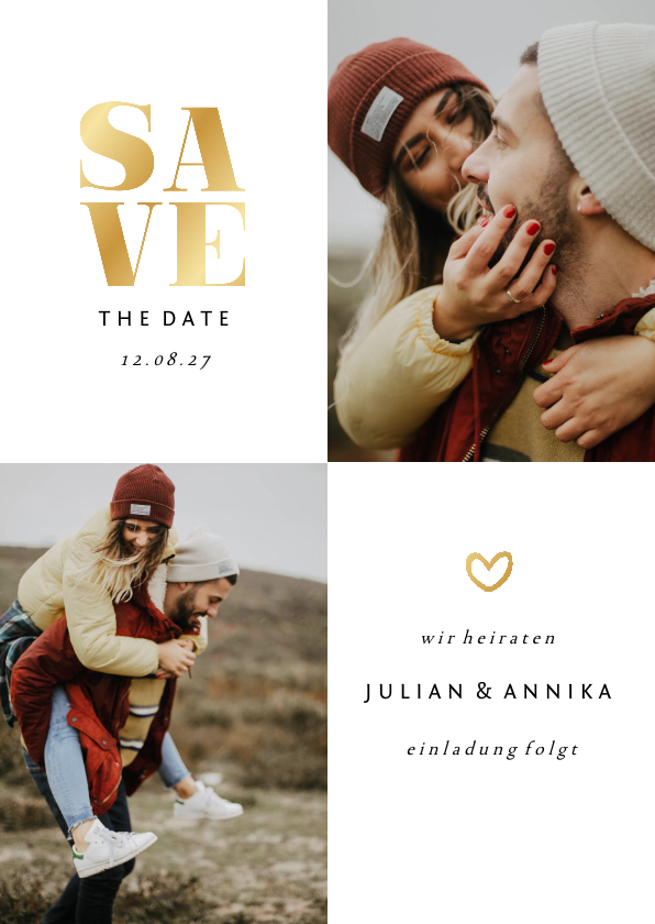 Hochzeitskarten - Save-the-Date-Karte Hochzeit Goldakzente Fotos