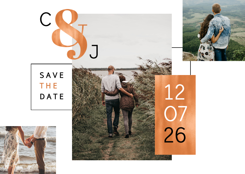Hochzeitskarten - Save-the-Date-Karte Hochzeit Kupfer grafisch Fotocollage