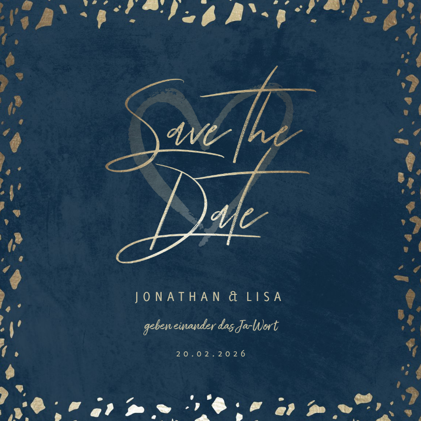 Hochzeitskarten - Save-the-Date-Karte in dunkelblau mit Goldschnipseln