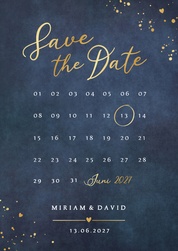 Hochzeitskarten - Save-the-Date-Karte Kalender Blau mit Gold