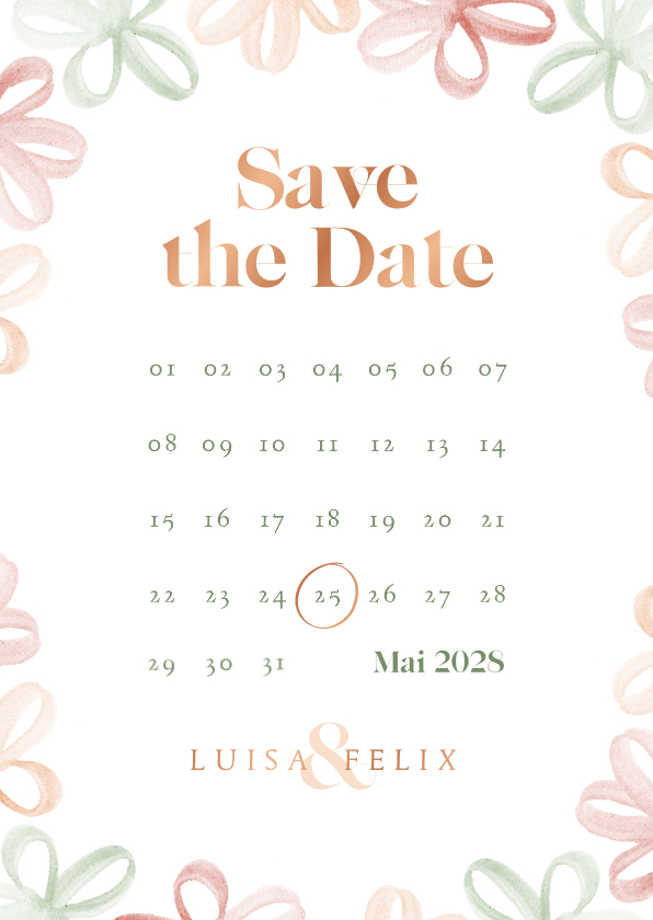 Hochzeitskarten - Save-the-Date-Karte Kalender, Frühlingsblumen & Kupferdruck