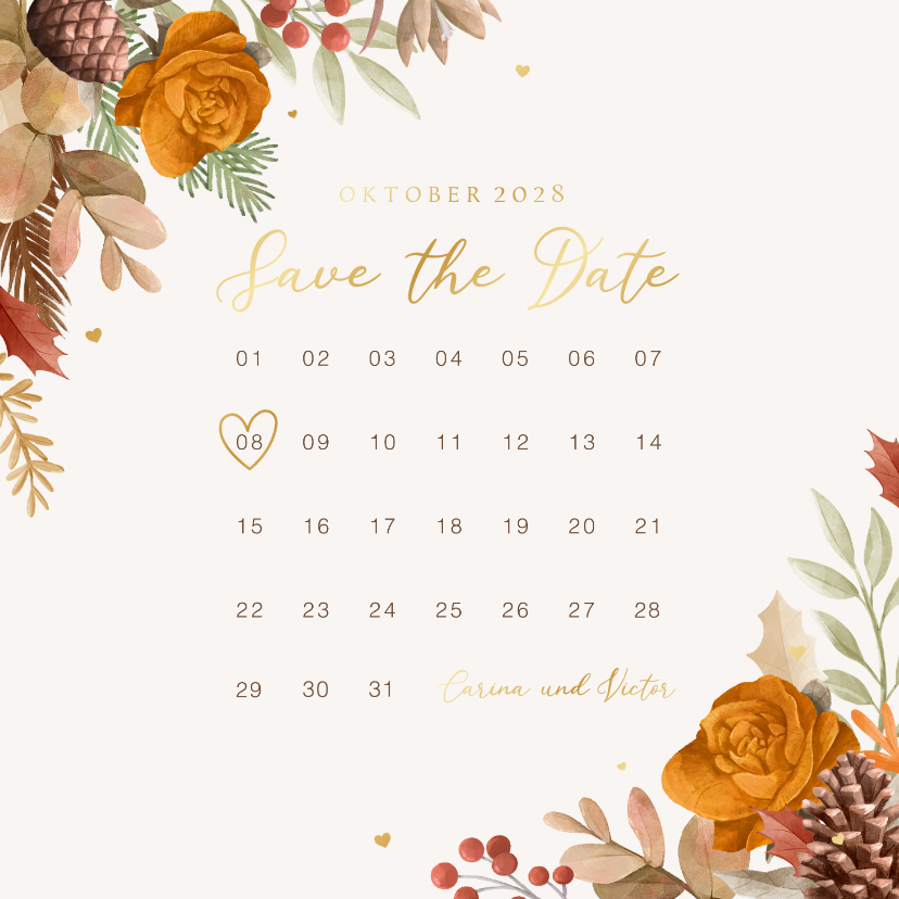 Hochzeitskarten - Save-the-Date-Karte Kalender Herbststimmung mit Gold