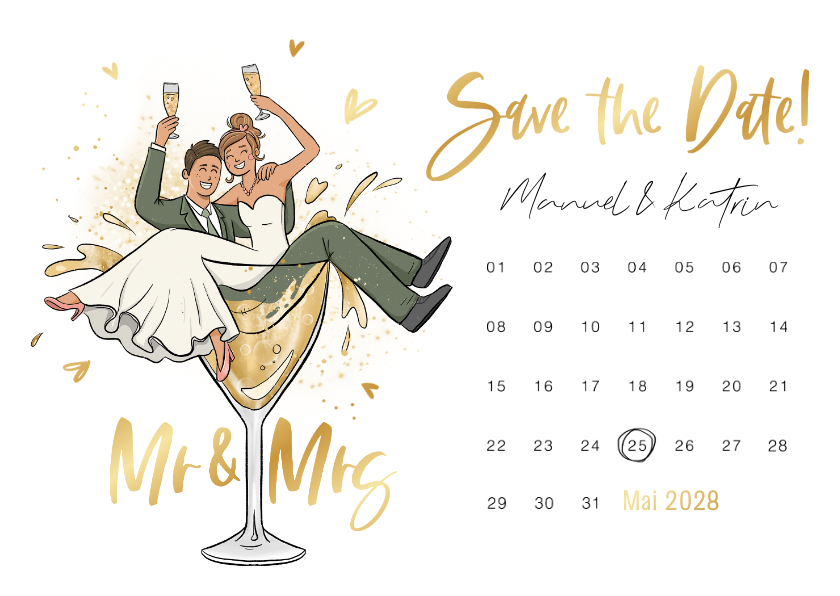 Hochzeitskarten - Save-the-Date-Karte Kalender lustiges Brautpaar in Glas
