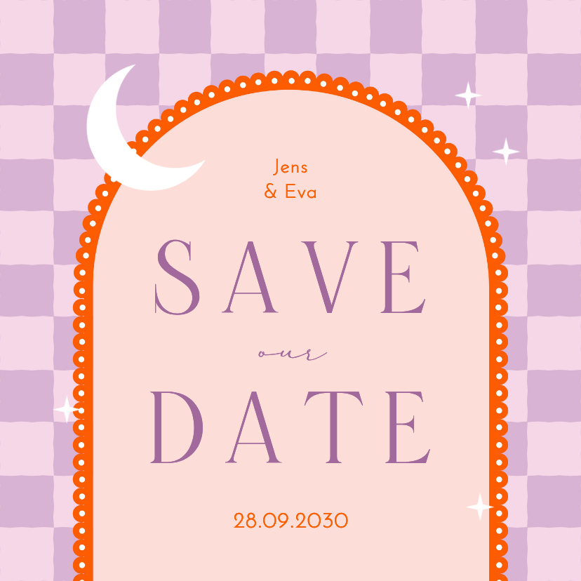 Save the Date Karte Lila Kariert mit Bogen - Hochzeitskarten Hochzeitskarten - Save the Date Karte Lila Kariert mit Bogen