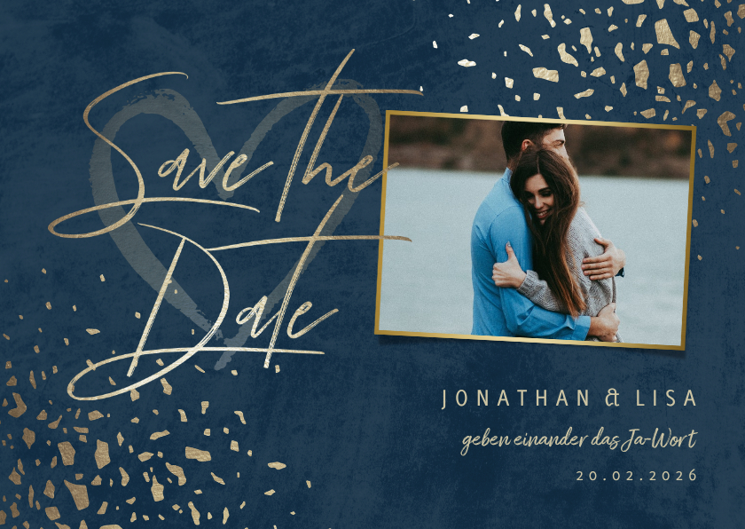 Hochzeitskarten - Save-the-Date-Karte mit Foto dunkelblau mit Goldschnipseln