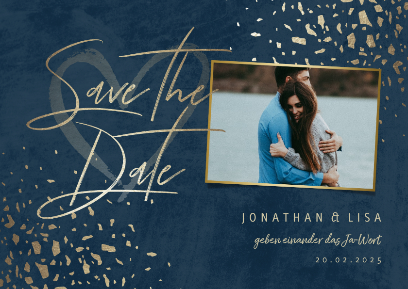 Hochzeitskarten - Save-the-Date-Karte mit Foto dunkelblau mit Goldschnipseln