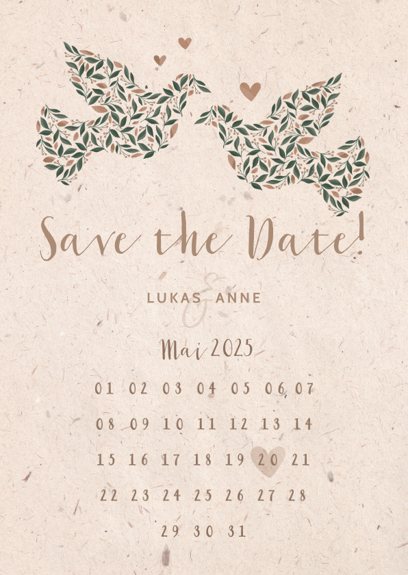 Hochzeitskarten - Save-the-Date-Karte mit Tauben & Kalender natürlicher Look
