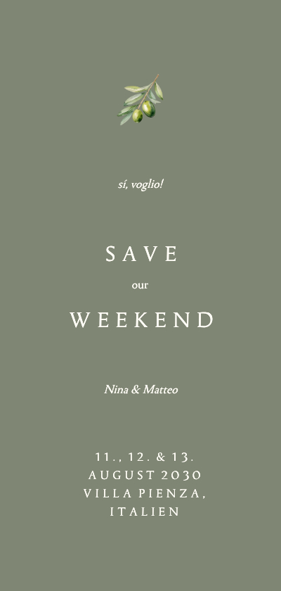 Save-the-Date Karte Olivenzweig Auslandshochzeit Weekend - Hochzeitskarten Hochzeitskarten - Save-the-Date Karte Olivenzweig Auslandshochzeit Weekend
