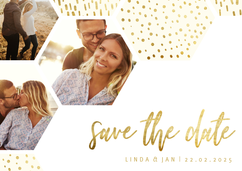 Save-the-Date-Karte Sechseck Fotos Goldlook Save-the-Date-Karte Sechseck Fotos Goldlook