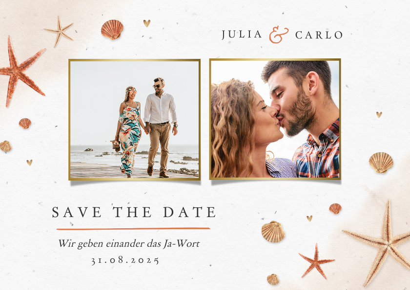 Hochzeitskarten - Save-the-Date-Karte Seesterne, Muscheln und eigene Fotos