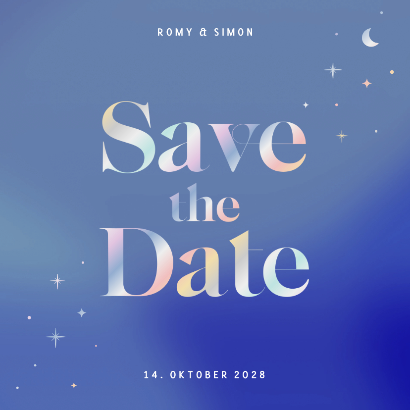 Hochzeitskarten - Save the Date Karte Sterne & Schriftzug holografisch