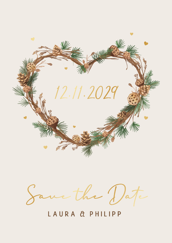 Hochzeitskarten - Save-the-Date-Karte Tannenzweige Herz Winterhochzeit